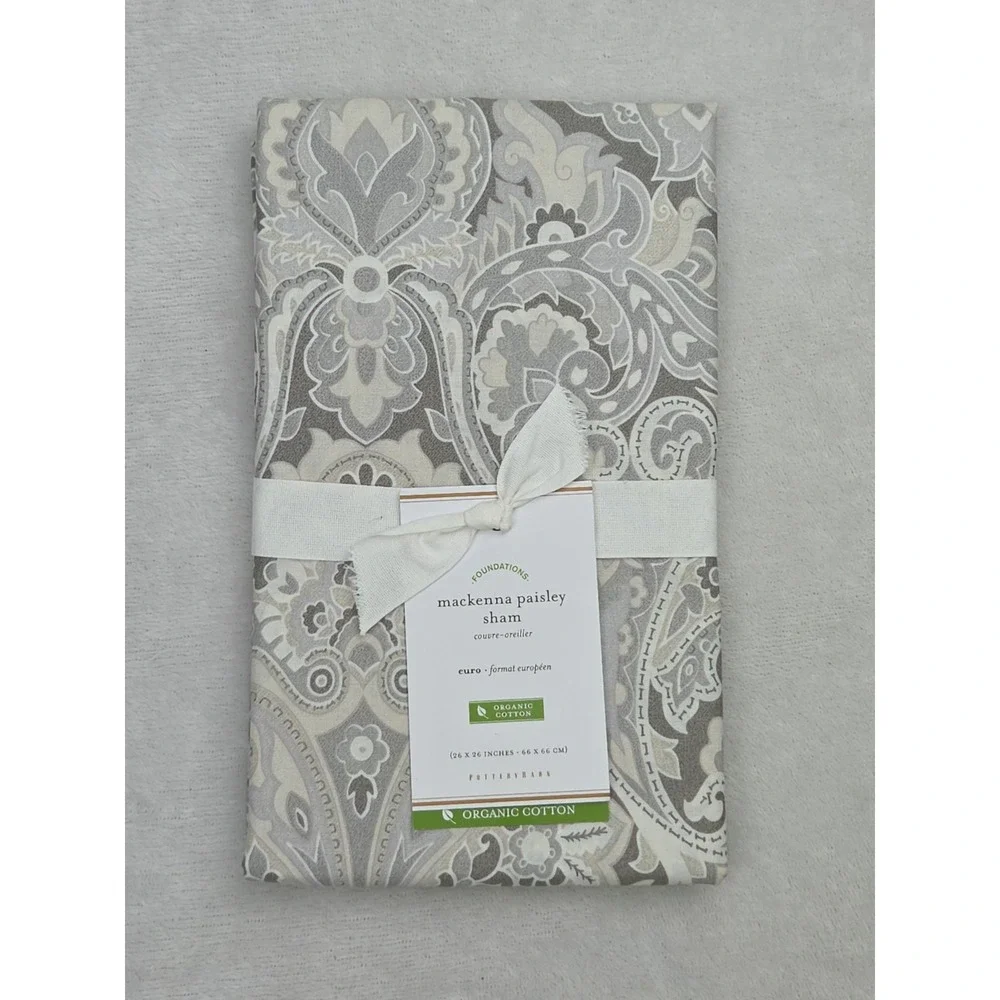 NEW Pottery Barn McKenna Paisley EURO Pillow Sham 100% Cotton Taupe 26x26